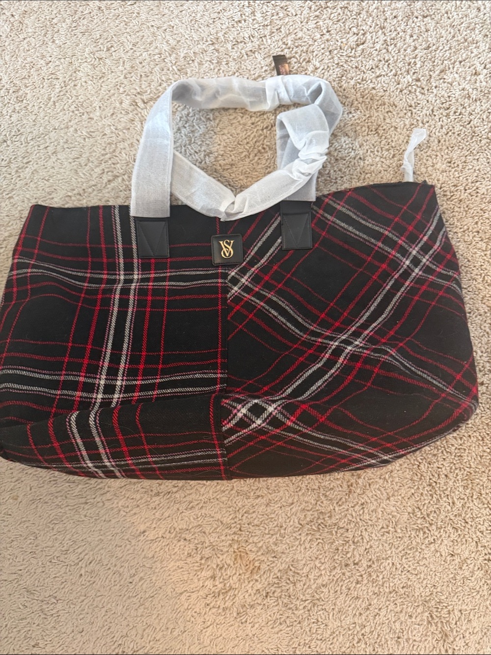 Plaid Tote Bag with Red & White Accent